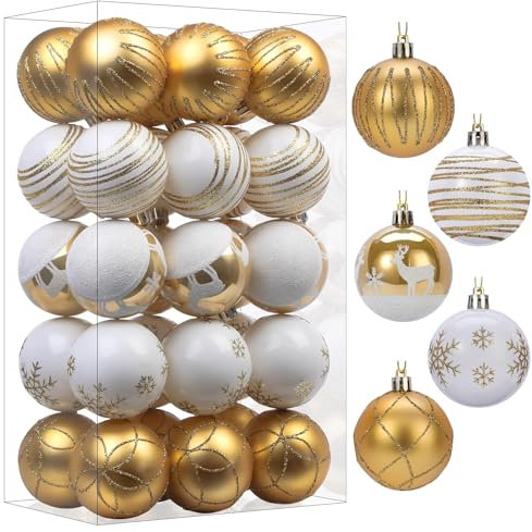 SHareconn Set di 30 palline per albero di Natale, 6 cm, palline in plastica colorata infrangibile, decorazioni per albero di Natale, festività e matrimoni (Oro Bianco, 60 mm)