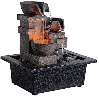 MAOCHI Inomhusfontän 3-skålar, rockverk, lugnande ljud, bordsskiva, fontäner, hem/kontorsdekor med naturliga flodstenar, LED-lampor, automatisk bevattningspump (22044A)