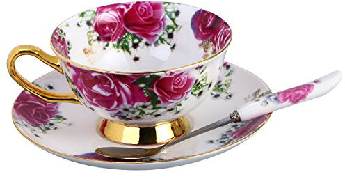 Juego de taza de té y platillo, Cazas de café de cerámica, juego de té de café europeo creativo de café de cerámica juego for té de la tarde de plato rojo británico juegos de tazas nacionales (patrón
