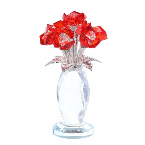 Movdyka Bouquet de roses rouges en cristal - Cadeau romantique pour femme - Décoration d'intérieur - Rubis, anniversaire, Saint-Valentin - Pour petite amie, épouse, partenaire