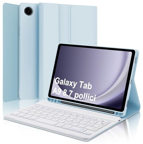WINCHKING Clavier pour Samsung Galaxy Tab A9 8.7, coque Galaxy Tab A9 avec clavier, italien Bluetooth amovible Keyboard pour Samsung Tablette a9 2023 8,7 pouces, bleu clair