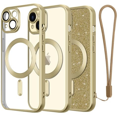 Ethanger for iPhone 15 Case Magnetic Compatible with MagSafe Full Camera Protection Shockproof Frosted Metallic Luster Bumper with Glitter Card and Wrist Strap for Women Girls, Dark Gold