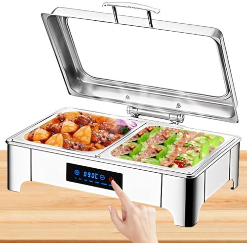 BOVDC Chafing Dish Elektrisch 9L, Edelstahl Elektrische Warmhaltebehälter Einstellbare Temperatur, Rechteckiger Chafing Dish Set Speisenwärmer mit Sichtbarem Glasdeckel (B, 1/2 Pan)