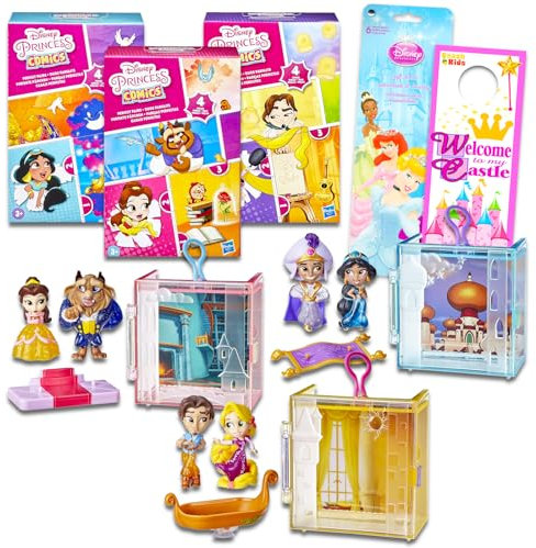 Disney Prinzessin Mini-Puppen-Spielset für Mädchen – Bündel mit 3 Disney Prinzessinnen-Comic-Figuren mit Rapunzel, Die Schöne und das Biest, Aladdin plus Aufklebern | Disney Prinzessin perfekte Paare