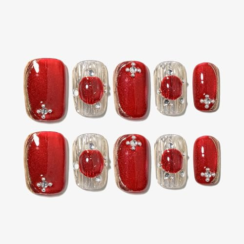 Sun&Beam Nails Handmade Press-on Square Round Coffin Silver Red Gemstone False Nail Tips Hand-drawn Design Fashionable 10 Pcs Set (#161 L)