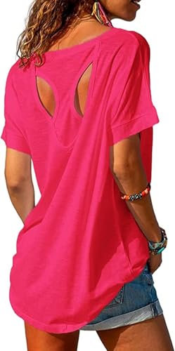 Fisoew Sportshirt Damen Fitness Kurzarm Yoga T-Shirt Leicht Gym Sport Oberteile Locker(Rosa, XL)