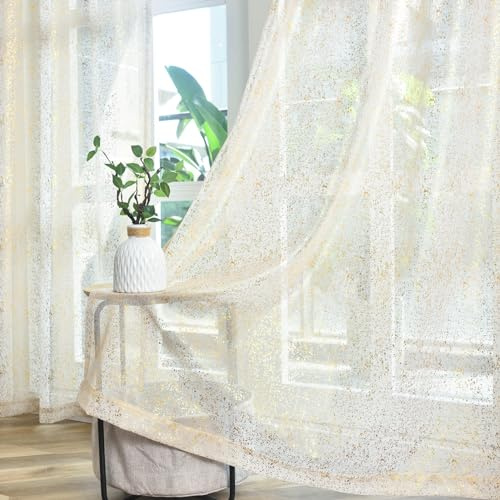 TERLYTEX Durchscheinende Vorhänge in Metallic-Gold, 114 cm Länge, 2 Schals, Goldfolie, Schimmernde Vorhänge für kleine Fenster, Stangendurchzug, Lichtfilterung, Privatsphäre, Taupe, glitzernd,
