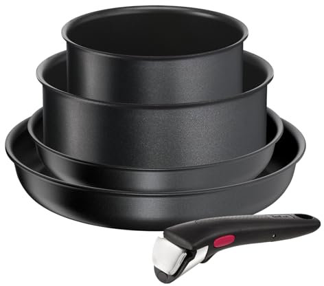 Tefal Ingenio Jordi Cruz - Juego de 2 Sartenes 22/26 cm + 2 Cazos 16/20 cm + Mango extraíble | Apto inducción, antiadherentes, revestimiento de titanio, apilables, apto lavavajillas y horno