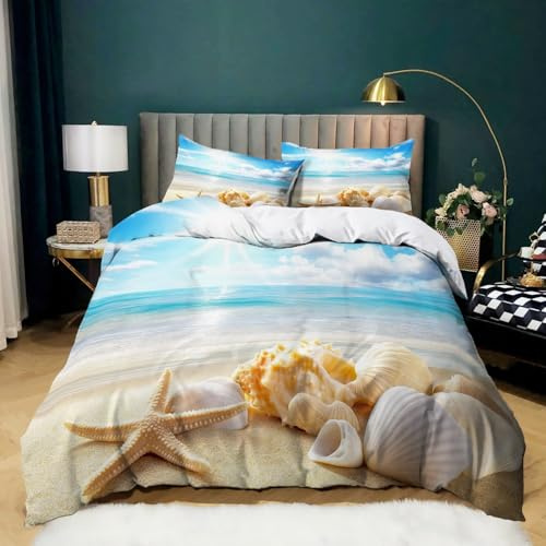 180 x 200 cm Bettwäsche-Set, Moderne Blau Mikrofaser Reißverschluss Bedruckter Maritimes Muscheln Meer Sand Bettbezug Mit 2 Kissenbezug 80 x 80 cm, Ganzjahresbettwäsche