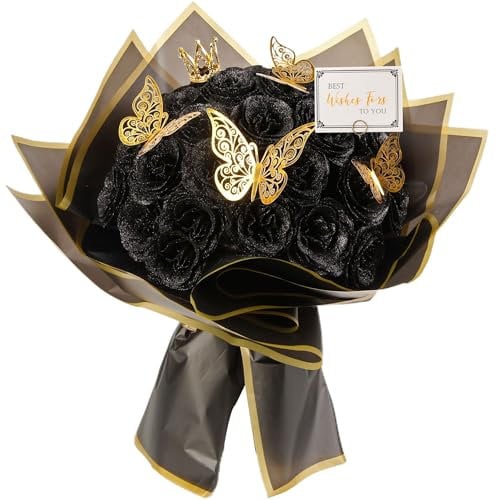 Schwarzer Glitzer-Rosenstrauß, 30 Stück, DIY gefälschte Blumen, ewiger glänzender künstlicher Rosenstrauß für Valentinstag, Jahrestag, Verlobung, Hochzeit