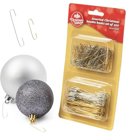 Christmas Village Assorted Bauble Hooks Set - Silver Hanging Decoration Ornament Hangers for Xmas Tree, Small & Mini Hangers for Holiday DIY Décor