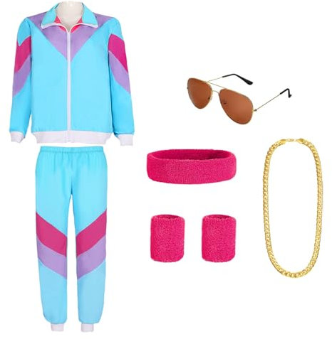 80er Retro Trainingsanzug Herren Damen,80er 90er Jahre Outfit Herren mit Sonnenbrille Halskette Schweißband, Faschingskostüme Damen Männer Partnerkostüme Erwachsene für Mottoparty Karneval (Blau, L)