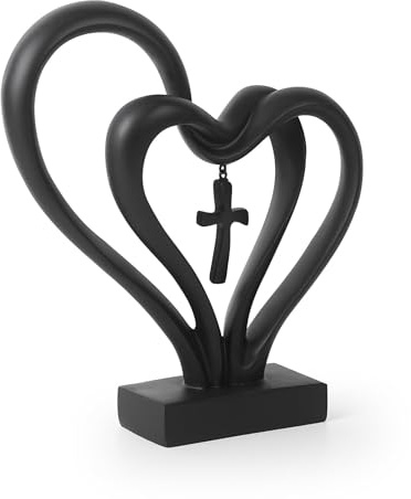 Aoneky Doppelten Herzen Skulptur aus Harz mit hängenden Kreuz | Romantisches Statue Geschenk für Hochzeitstag | Herz Deko Figur für Regal Schrank Kommoden Kaffee Tisch