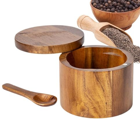 Salero – Salero de cristal de madera, caja de sal y pimienta, recipiente para sal y pimienta, recipiente de sal para el hogar, bodega rústica para café, hotel, restaurante