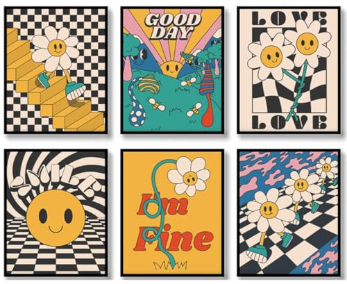 DRJCKOLOTH Set Di 6 Stampe Artistiche Da Parete,Happy Face, Decorazione Artistica Da Parete Vintage Stile Hippie,Poster Astratti,Floreale, Decorazione Per Camera Da Letto Estetica