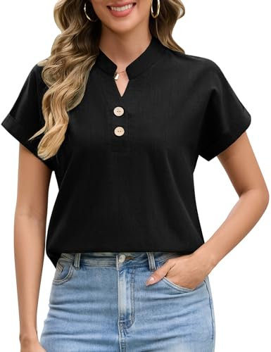 UMIPUBO Womens Blouse Summer Short Sleeve T Shirts Half Button V Neck Basic Cotton Tops Cap Sleeve Ladies Tees Shirts Solid Color Blouses Casual (Black, M)