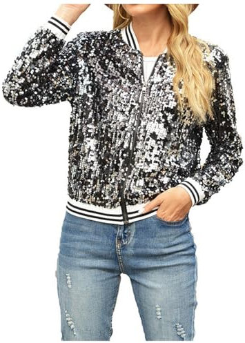 Jacke Glänzende Langen Ärmeln Reißverschluss Jacken mit Pailletten Baseballkragen Sportmantel Casual Glitzer Mäntel Bomberjacke Pailletten Jacken Langarm Party Club Metallic Sequin Mäntel