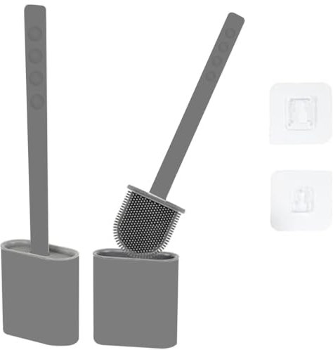 Silicone Toilet Brushes & Holders – Pack of 2 Long Non-Slip Handle, Flexible Bristles for Easy Cleaning – Modern Drip-Free Base, Durable Grey Bathroom Toilet Brush Set With Holder