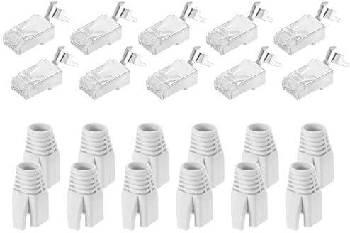 sourcing map 10pcs CAT8 RJ45 Pass Through Connectors, RJ45 STP/FTP 8P8C Gold Plated Plugs with 10pcs White Strain Relief Boots and Cable Traverse for 23AWG Ethernet Cable