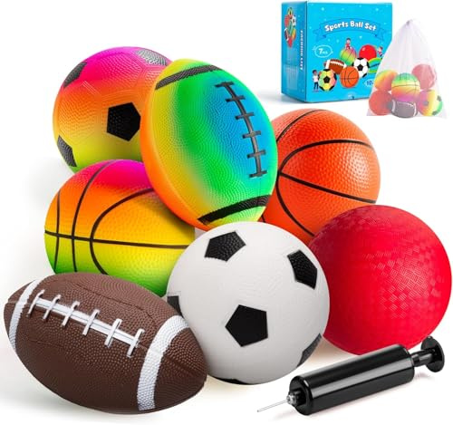 Tomatoys 7-teiliges Softball-Set für Kleinkinder & Kinder (1–6 Jahre) – 12,7 cm Spielbälle für Basketball, Fußball, American Football & Spielplatz – Sicheres Gummi, drinnen & draußen spielbar