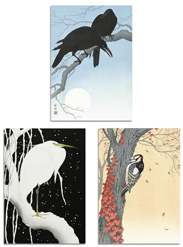 Artery8 Set of 3 Ohara Koson Birds Japanese Nature Beige Blue Wall Art Prints A3 Size Living Room Decor