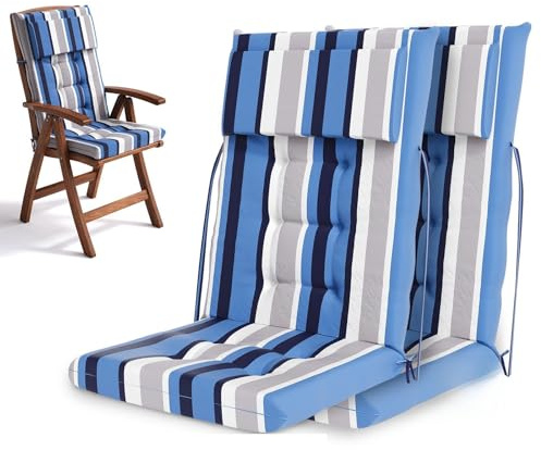 UDPATIO Gartenstuhlauflagen Hochlehner mit Kopfteil - 120 x 50 x 8cm - Extra Dicke Sitzauflagen -Sitzauflagen Outdoor, wasserdicht UV-Lichtecht - 2er Set - Blau-Weiß Gestreift