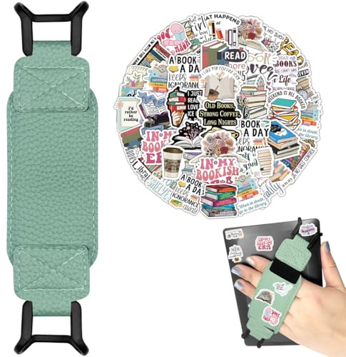 KIRZAX 1pc Cinturino per Kindle, Fissaggio Elastico Leggero per 6-8 Kindle eReader Fire Tablet, Cinturino in Pelle PU, 50 Adesivi da Lettura Retro Eleganti Regalati, Prevenire Dolori alle Mani