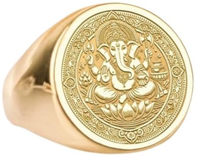 925 Sterling Silber Lord Ganesha | Vergoldeter Ring | Runde Form 15x15mm Siegelringe | Bandgröße US 5-12,5 Avelaibal |LKDR_0669