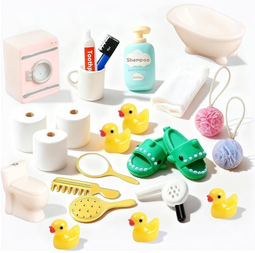 Wichtel Zubehör, 22pcs Wichtelzubehör Bad Set Puppenhaus Zubehör Deko, Wichtel Wasch Set Miniatur Badezimmer mit Slippers Ente Klopapier Rollen