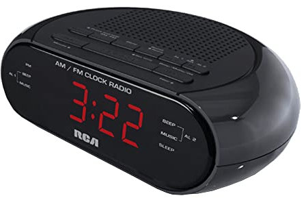 RCA RC205A AM/FM Alarm Clock, Black, Dual Wake, 0.6 Red LED, Sleep and Snooze Functions
