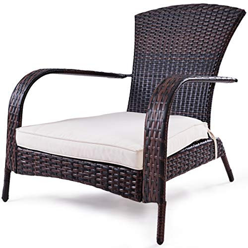 COSTWAY Chaise de Jardin Fauteuil Extérieur en Rotin Résine Tressée avec Coussin Démontable pour Jardin Terrasse Balcon Salon 78 x 78 x 80 CM Marron