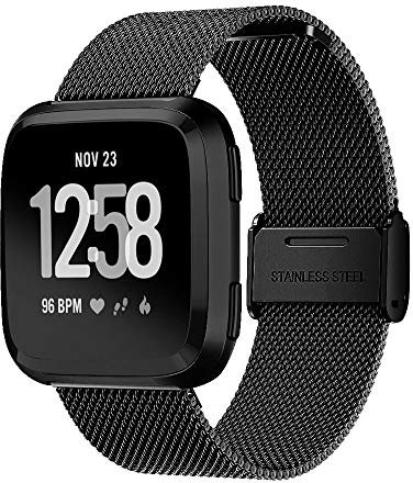 Jennyfly Metallarmband Kompatibel mit Fitbit Versa/Versa 2/Versa Lite, Damen Herren Verstellbar 14-20,3 cm Metall Ersatz Armband Band Edelstahl Band - Schwarz
