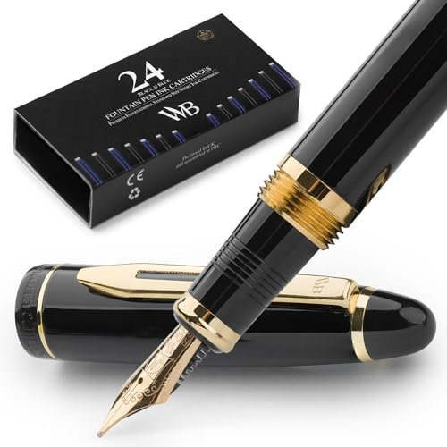 Wordsworth & Black Majesti Füllfederhalter (Schwarzgold), Luxus-Etui, Mittlere Feder - 24 Tintenpatronen, nachfüllbarer Tintenkonverter - Bestes Business-für Männer & Frauen
