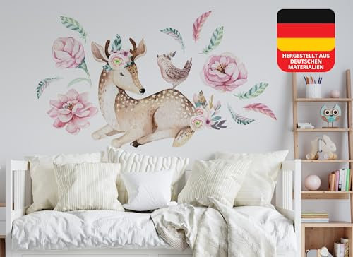 Wandtattoo Waldtiere I Vogel Reh Blumen Kinderbilder Junge Kinderzimmer Mädchen Aufkleber Osomhome os8819 (195x130cm)