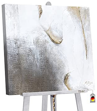 YS-Art Abstrakt Acryl Gemälde auf Leinwand Exotic handgemalt Wandbilder Wohnzimmer modern Wohndekor Bild grau weiß gold quadratisch echtes Kunstwerk 100x100 cm