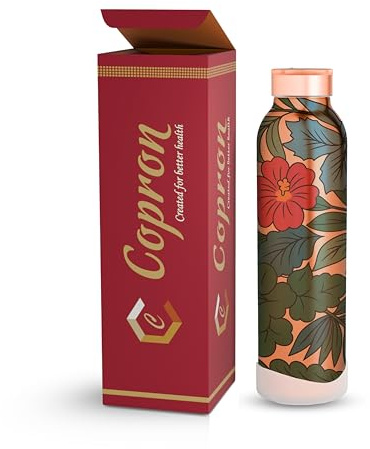 COPRON 100% Pure Copper Water Bottle for Drinking – 30 oz 900ml Leak-Proof Lid, Ayurvedic Water Bottle with Wild Flower Print – Ideal for Yoga, Gym, Sports, Office, Travel, Daily use