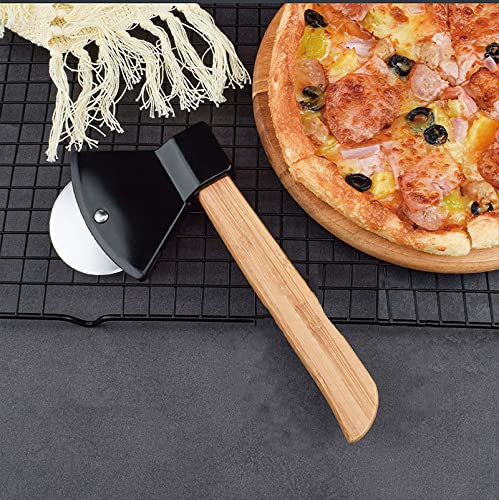 Tagliapizza in acciaio inox, 21 cm, divertente rotella tagliapizza, tagliapizza, manico in legno, per pizza, waffle, pancake, Kitchen Gadget (nero)