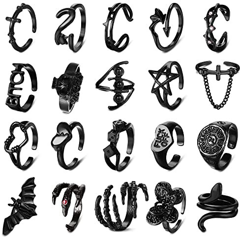 YADOCA 20 Stück Vintage Punk Ringe für Damen Herren Y2K Offene Schwarze Ringe Set Schlange Fledermaus Teufel Spinne Kralle Skul Verstellbarer Knöchel Stapelring Gothic Schmuck B