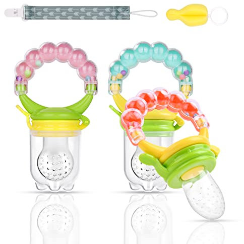Vicloon Tetine Grignoteuse Bebe, 3PCS Silicone Grignoteuse Bébé Tétine D'alimentation pour Bébé avec 1 Brosse éponge et 1 Chaîne de Poitrine, Sans BPA pour Fruits, Légumes, pour Cadeaux Naissance