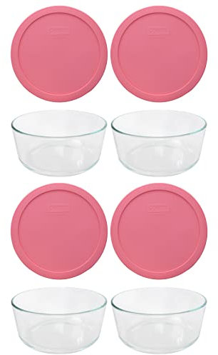 Pyrex (4 bols en verre 7203 et 4 couvercles 7402-PC rétro rose Pantone – Fabriqué aux États-Unis