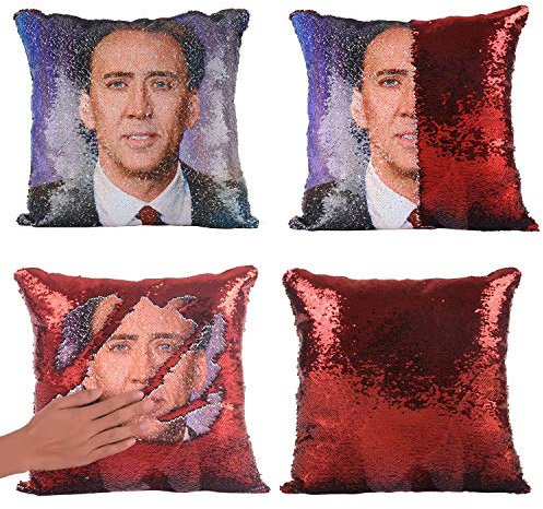 BONFUN Nicolas Cage Kissenbezüge Pailletten-Kissen, 16*16 Wende-Pailletten-Kissen, Abdeckung Dekorative Kissenhülle (Color : Red-2, Size : 16*16)
