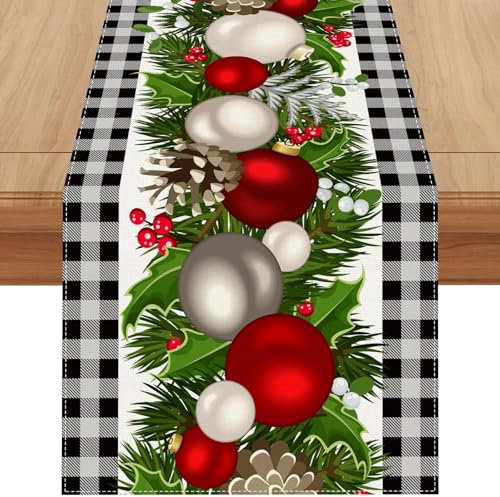 Chemin de table de Noël en lin noir et blanc à carreaux de buffle de 228,6 cm de long, ferme, hiver, vacances, maison, cuisine, décoration de table