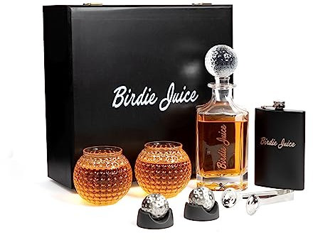 Golf Ball Whiskey Glass and Decanter Set with Crystal Whiskey Glasses, Decanter Set, Golf Ball Whiskey Chillers, Tongs, Storage Pouch, Birdie Juice Flask, and Elegant Black Storage Box