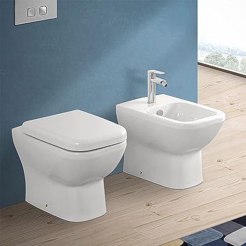 Sanitari bagno filomuro Rimless senza brida bianco lucido in ceramica, copriwater originale e kit di fissaggio incluso, serie SQUARE