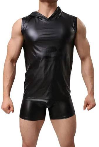 Herren Shirt Tank Top ohne Arm Leder Optik Shirt Lackleder Hemd Wetlook Tank Kurzarm Unterhemd Achsel-Shirt Reizwäsche Vinyl-Shirt Lack Latex Dessous für Männer Unterwäsche