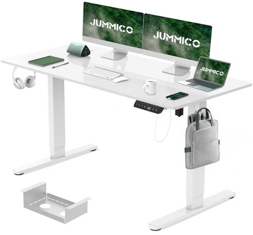 JUMMICO Electric Standing Desk 140x70 cm with Charging Port, Height Adjustable Computer Desk with Cable Tray,Ergonomic Sit Stand up Desk Rising Table Home Office Furniture, White