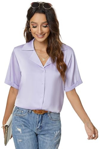 Atnlewhi Damen Bluse Kurzarm Button Down Satin Seide Shirts Casual Business Formelle Sommer Casual Blusen - Hellviolett - XL