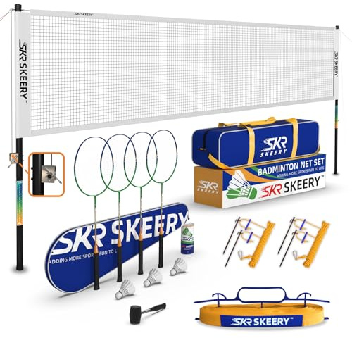 SKEERY Professionelles Badminton-Set mit Seilwinde-System, tragbares Badmintonnetz inklusive Badmintonschläger aus Carbon-Aluminium, Set mit 4, 3 Federbällen und Tasche, Badminton-Sets für Hinterhöfe,