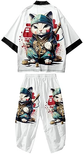 DOSLAVIDA Ensemble cardigan kimono japonais pour homme style chinois imprimé veste pantalon ensemble ouvert sur le devant sept manches haut et short, 01 - Blanc, Small