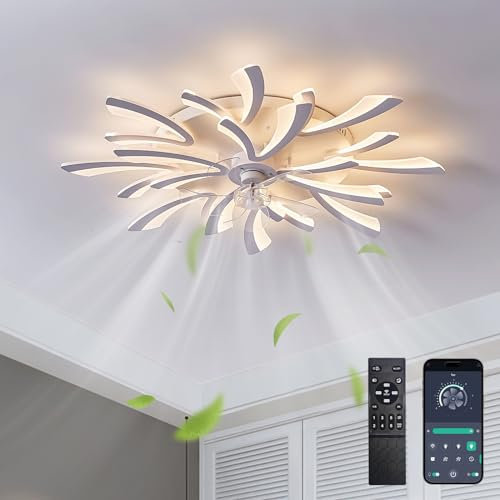Depuley 105CM Ceiling Fans with Lights, Color Changing Modern Ceiling Fans with Lamps, Flower Shape Design Dimmable LED Flush Mount Ceiling Fan with Lights for Bedroom Kitchen, 6 Speed, White